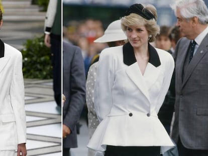 A la izquierda, una modelo del desfile de Tory Burch, y a la derecha, Diana de Gales en una visita a Canadá, en 1986.