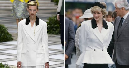 A la izquierda, una modelo del desfile de Tory Burch, y a la derecha, Diana de Gales en una visita a Canadá, en 1986.