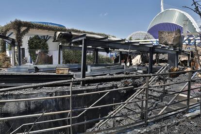 Estado en que ha quedado la zona incendiada del Oceanogràfic.