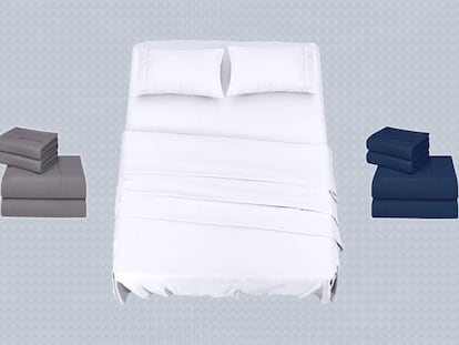 En gris, blanco y azul marino, estas sábanas se adaptan a distintos tamaños de cama.