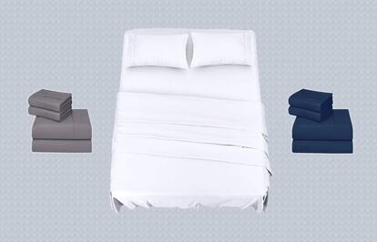 En gris, blanco y azul marino, estas sábanas se adaptan a distintos tamaños de cama.