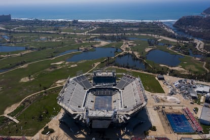 The GNP Arena in November, days after Hurricane Otis struck.