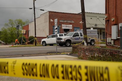 A view of the crime scene a day after a shooting at a teenager's birthday party in a dance studio, in Dadeville, Alabama, U.S., April 16, 2023.