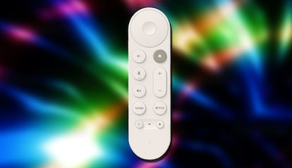 Mando del Google TV Streamer con fondo