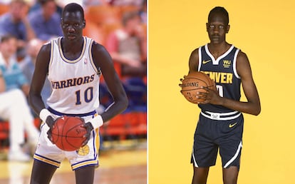 Manute Bol, con los Warriors en 1989, y su hijo Bol Bol, este curso con Denver. Getty