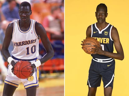 Manute Bol, con los Warriors en 1989, y su hijo Bol Bol, este curso con Denver. Getty