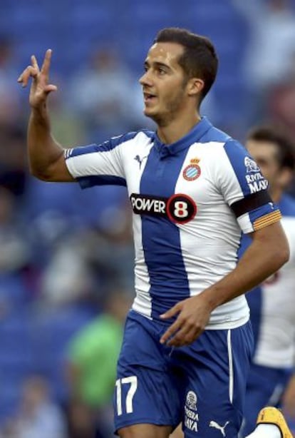 Lucas Vázquez celebra un gol con el Espanyol.