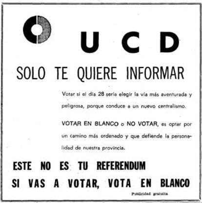 Anuncio publicitario de UCD pidiendo la abstención o el voto en blanco.
