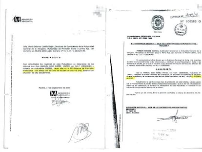 LAS DUDAS SOBRE LA EXPERIENCIA DEL CANDIDATO. Manuel N&uacute;&ntilde;ez Mateo present&oacute; para el concurso un certificado de la Mutualidad de la Abogac&iacute;a en el que se aseguraba que estaba de alta en ese organismo desde el 1 de octubre de 2003 (izquierda). Sin embargo, tras impugnarse la oposici&oacute;n en la Audiencia Nacional, esa misma mutualidad envi&oacute; al tribunal otro certificado que fechaba su alta a 1 de enero de 2007. Una portavoz de la Mutualidad asegura que el contenido del documento aportado por N&uacute;&ntilde;ez Mateo es falso. 