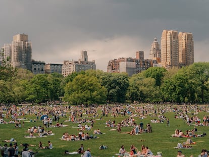 La explanada de Sheep Meadow, en el neoyorquino Central Park, repleta de gente el 15 de mayo.
