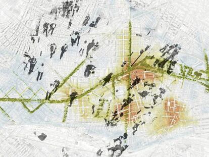 La calle como franja. Estrategia urbana transversalización. Fuente: Procés de reflexió participada sobre els eixos transversals a la Meridiana (M. Mayorga, X. Abadía, M. Ramos, T. López, M. P. Fontana y G. Clavera).