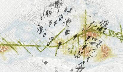 La calle como franja. Estrategia urbana transversalización. Fuente: Procés de reflexió participada sobre els eixos transversals a la Meridiana (M. Mayorga, X. Abadía, M. Ramos, T. López, M. P. Fontana y G. Clavera).