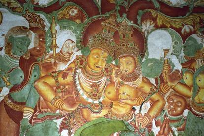 Un fresco del siglo XIII representa a los dioses Shiva y Parvati en el Palacio de Mattancherry, en Kochi.