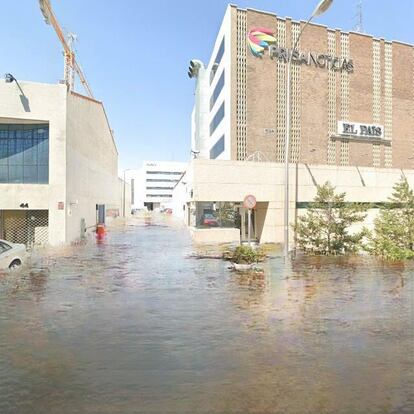 El algoritmo de This Climate Does Not Exist permite aplicar sus efectos sobre literalmente cualquier imagen contenida en Google Street View. En este ejemplo se ha usado una de la sede madrileña de EL PAÍS.