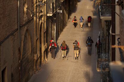 Peregrinos en el tramo del Camino de Santiago que pasa por Puente la Reina.