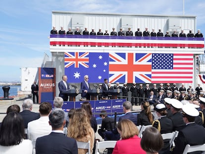 Britain's Prime Minister Rishi Sunak, right, meets with US President Joe Biden and Prime Minister of Australia Anthony Albanese, left, at Point Loma naval base in San Diego, US, Monday March 13, 2023, as part of Aukus, a trilateral security pact between Australia, the UK, and the US. (Stefan Rousseau/Pool via AP)