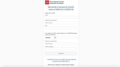 Así es la pantalla de autocita de la página web de la Comunidad de Madrid.