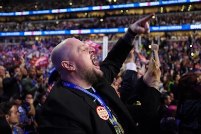 An attendee at the Democratic National Convention sports a badge that reads “Ceasefire Delegate.”