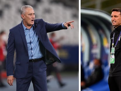 Los entrenadores de Brasil, Tite, y de Argentina, Lionel Scaloni, durante la Copa América.