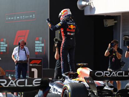 Max Verstappen celebrando su novena victoria esta temporada tras ganar el GP de Hungría.