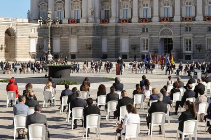 El rey Felipe VI pronuncia su discurso durante el homenaje de Estado a las víctimas de la pandemia de coronavirus.