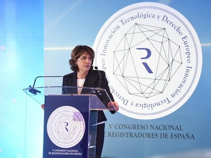 La ministra de Justicia en funciones, Dolores Delgado, durante su discruso inaugural.