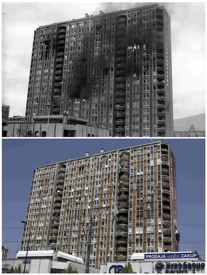 Edificio en llamas en el distrito de Pofalici de la capital bosnia, tras haber sido bombardeado por la artillería serbia. El mismo edificio, en la actualidad.