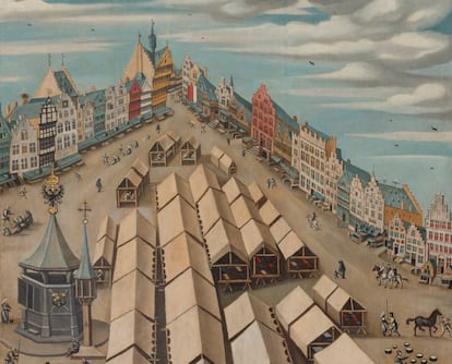Detalle del mercado de las telas en &#039;s-Hertongenbosch hacia 1530. La casa del Bosco es la s&eacute;ptima empezando por la derecha. 