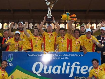 El equipo espa&ntilde;ol de rugby 7 celebra su clasificaci&oacute;n a los Juegos de R&iacute;o.