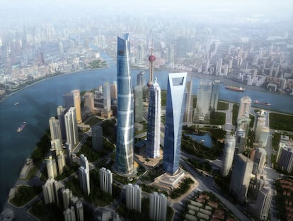 Shangai, China, es un ejemplo de ciudades en expansión. En la imagen, una ilustración que muestra el futuro centro financiero de la ciudad, que estará listo para el año 2014.