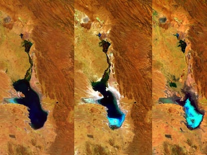 Tres imágenes del Poopó, captadas por la ESA.