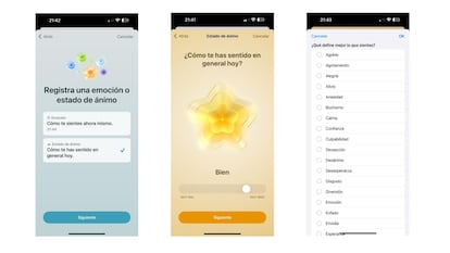 Secuencia de pasos para el registro de estados de ánimo en la app Salud de iOS 17.