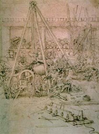 <i>A cannon factory</i>, dibujo de Leonardo, en el Museo Metropolitano de Nueva York.