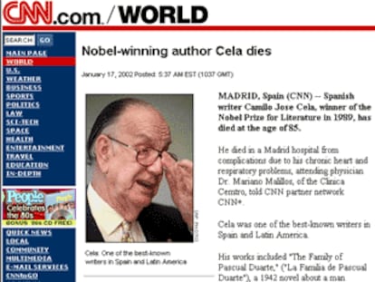 Información de la cadena CNN sobre la muerte de Cela.