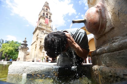 Un hombre se refrescaba el martes en una fuente del Patio de los Naranjos de la Mezquita de Córdoba.