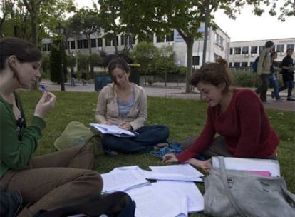 Estudiantes de la Universidad Autónoma repasan los apuntes en el césped.