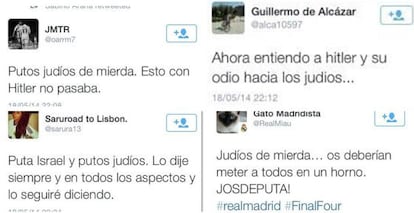 Mensajes antisemitas de varios usuarios de Twitter vertidos el domingo