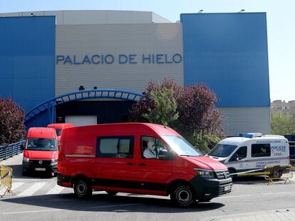 The bodies of coronavirus victims are brought to Madrid’s Palacio de Hielo, an ice rink that has been converted into a temporary morgue.