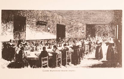 Grabado de mujeres con enfermedades mentales almorzando en el conocido popularmente como el manicomio de Leganés, 1872.