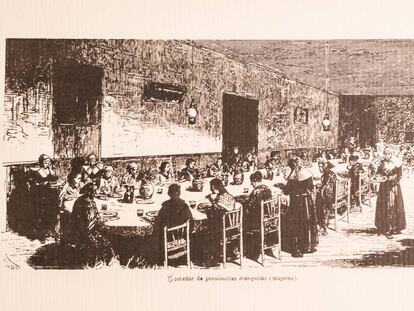 Grabado de mujeres con enfermedades mentales almorzando en el conocido popularmente como el manicomio de Leganés, 1872.