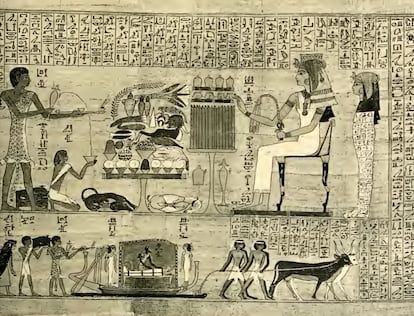 Imagen del papiro de Kamara, de hace unos 3.000 años, en el que los investigadores ven un melón de Kordofán en la mesa.