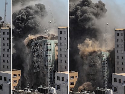 Combo de imágenes donde es destruído la torre de 12 de plantas, sede de la agencia de noticias estadounidense Associated Press (AP) y de la cadena de televisión catarí Al Jazeera.