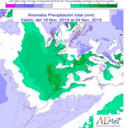 Precipitación más abundante de lo normal en la mayor parte de la Península, excepto en puntos del extremo norte y Mediterráneo.