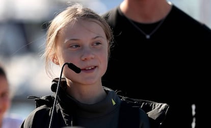 Greta Thunberg, el martes a su llegada a Lisboa.