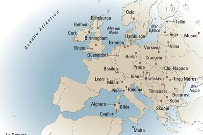 Mapa de Europa con diferentes destinos a bajo precio desde España.