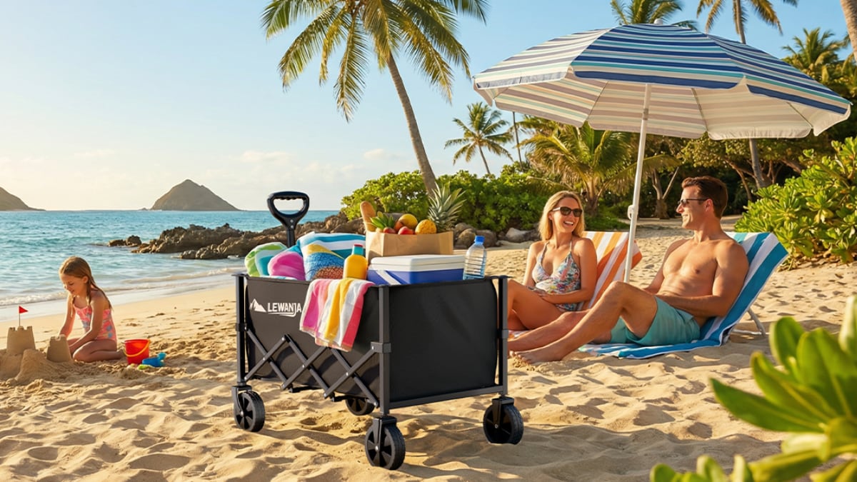 Este carrito plegable para la playa soporta hasta 100 kg de peso.