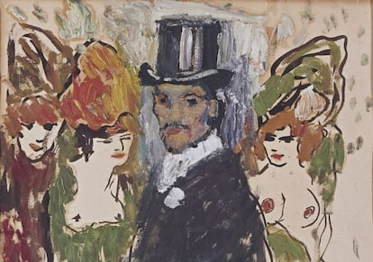 'Picasso con sombrero de copa', óleo sobre papel pintado en París, 1901. A los 19 años, Picasso se convierte en un personaje toulouselautrequiano que corteja a señoritas en los locales de ocio. Pertenece a una colección particular y no se había mostrado nunca hasta ahora.