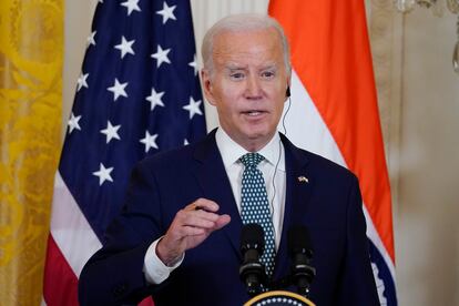 President Joe Biden speaks during a news conference in the East Room of the White House