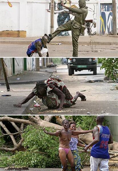 Un soldado togolés golpea en la cabeza a un opositor. Su mujer huye de una patrulla militar tras la detención de su marido. Su esposa le recibe a su regreso.