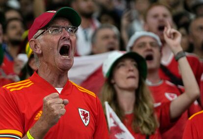 Aficionados de Gales durante el partido entre Inglaterra y Gales. (AP Photo/Thanassis Stavrakis)